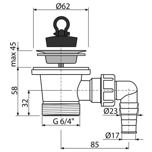 Alca Plast Wash-Basin Waste G 6/4" Ø17–23 mm Connector Stainless Steel Grid Ø62mm & Rubber Plug A31P