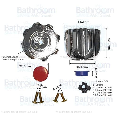 bathroomspareparts Easi fit Replacement Tap Tops plastic Chrome with 5 size spline adaptors EZE