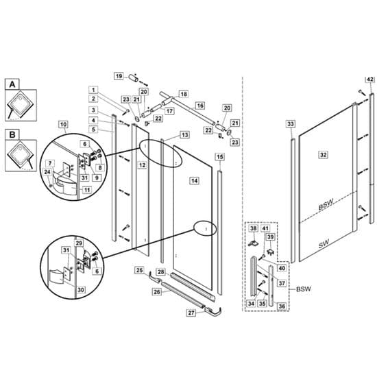 Bristan Hinged Door - Opening Right 900mm DTSW 0862/0863/SW0864/ BSW 0873 Spare Parts