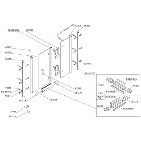 Bristan Java Hinged Door for Recess - Opening Left or Right 1200mm Spare Parts