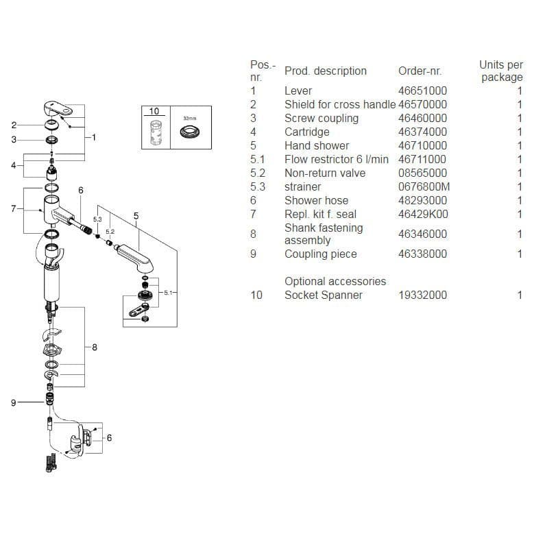 Grohe Europlus Singlelever Kitchen Sink Mixer 33933002 Spare Parts