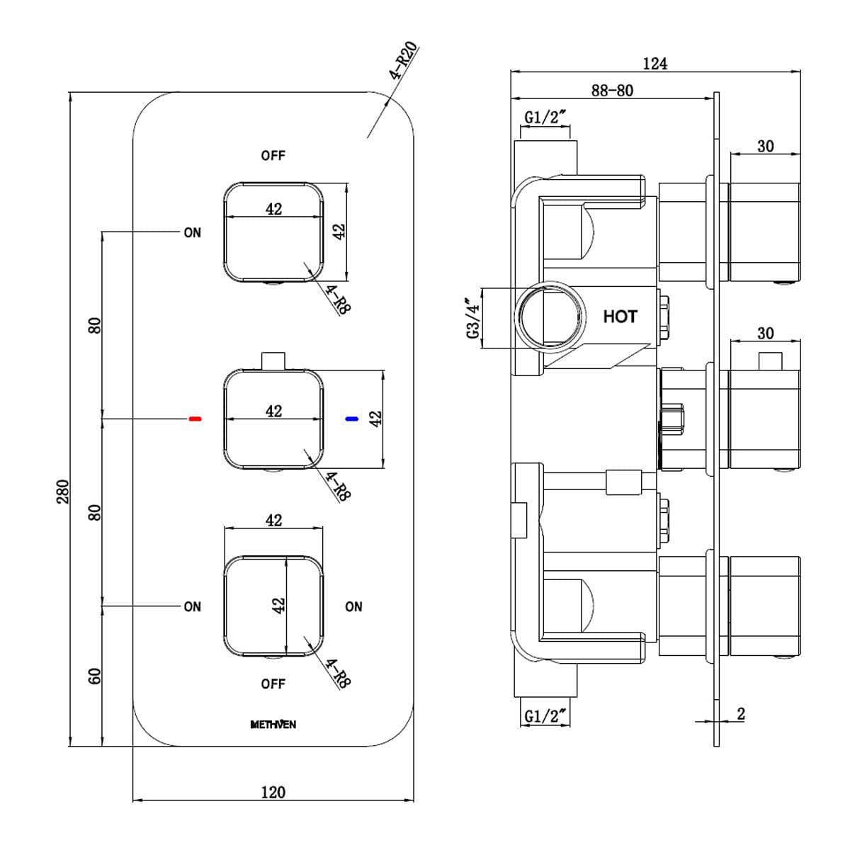 Methven Wai Concealed Mixer Valve - 3 Outlet Chrome WA3D Spare Parts