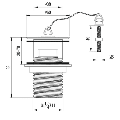 Pura Luxury basin waste with black plastic plug slotted BW101