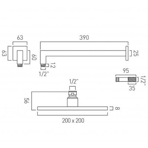 Vado Atmosphere AirInjection Shower Head and Arm 200mm 8" ATMHEADSQ/B