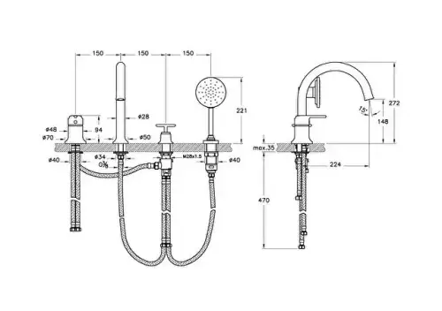 Vitra Origin Classic Deck-Mounted Bath Mixer With Hand Shower Chrome A42900