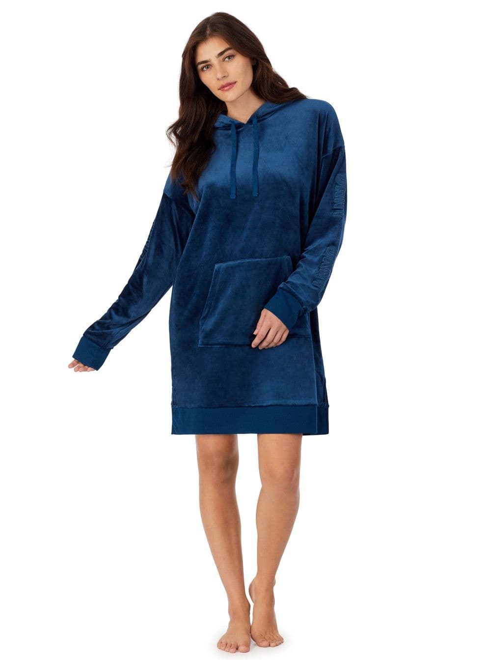 DKNY Velour Luxe Hooded Sleepshirt - Blue
