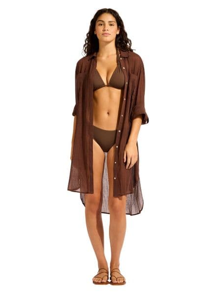 Seafolly Crinkle Twill Beach Shirt - Dark Chocolate
