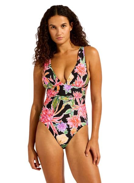 Seafolly Hot House Flowers Cross Back Swimsuit - Black