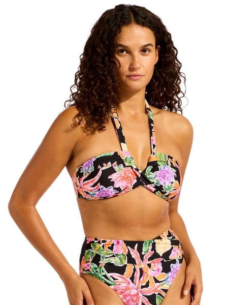 Seafolly Hot House Flowers Halter Bandeau Bikini Top - Black