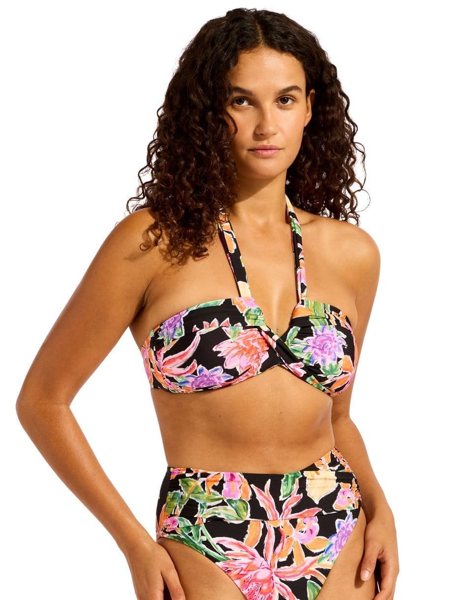 Seafolly Hot House Flowers Halter Bandeau Bikini Top - Black