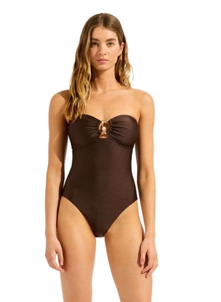 Seafolly Palermo Ring Front Bandeau Swimsuit - Sepia