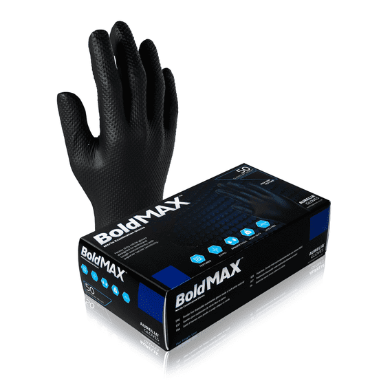 Aurelia Bold Max Premium Heavy Duty Black Nitrile Powder Free Gloves Box of 50