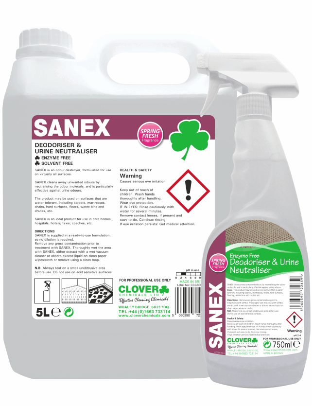 Clover 208 Sanex Odour and Urine Neutraliser, Available in 5L and 750ml