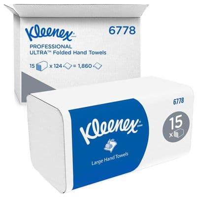Kleenex Large Interfold Hand Towels 6778 - 2 Ply V Fold Paper Towels - 15 Packs x 124 Hand Towel