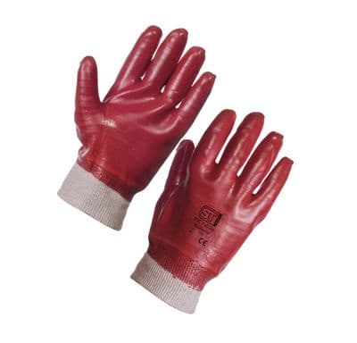 PVC Full Dip Knit Wrist Gloves Red. Available in Large and XL