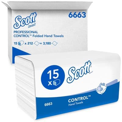 Scott  6663 Folded Hand Towels - 15 packs x 212 white, 1 ply sheets.