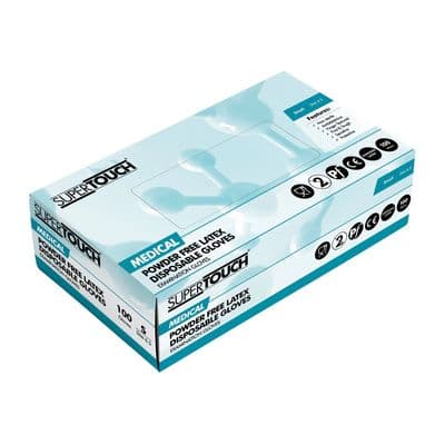 Supertouch Disposable Latex Powder Free Gloves Box of 100.  Available in Small, Medium, Large and XL
