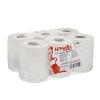 WypAll 6222 Food & Hygiene Wiping Paper 1 Ply Dry Cleaning Wipes - 6 White Centrefeed Rolls