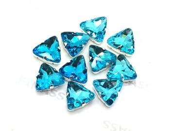 Aquamarine Triangle, EIMASS® 3511 Sew or Glue on Glass Crystals in Silver Casings
