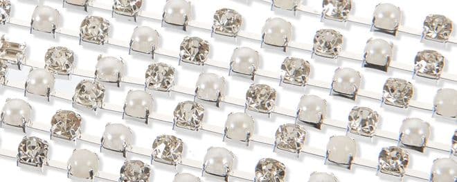 Clear and Pearl in Silver Chain, EIMASS® Grade A World Class Rhinestone Cup Chain Trimming