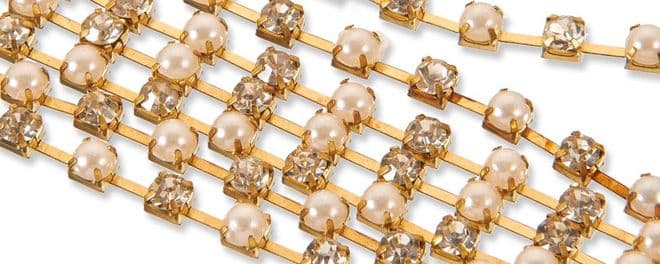 Clear & Pearl in Gold Chain, EIMASS® Grade A World Class Rhinestone Cup Chain Trimming
