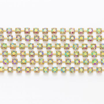 Crystal AB in Gold Chain, EIMASS® Grade A World Class Rhinestone Cup Chain Trimming