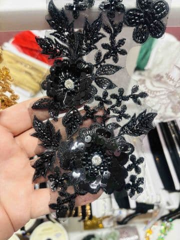 EIMASS® Black Embroidered Beaded Sequins Lace Trim Applique, Width 11cm, Length 5 Yards