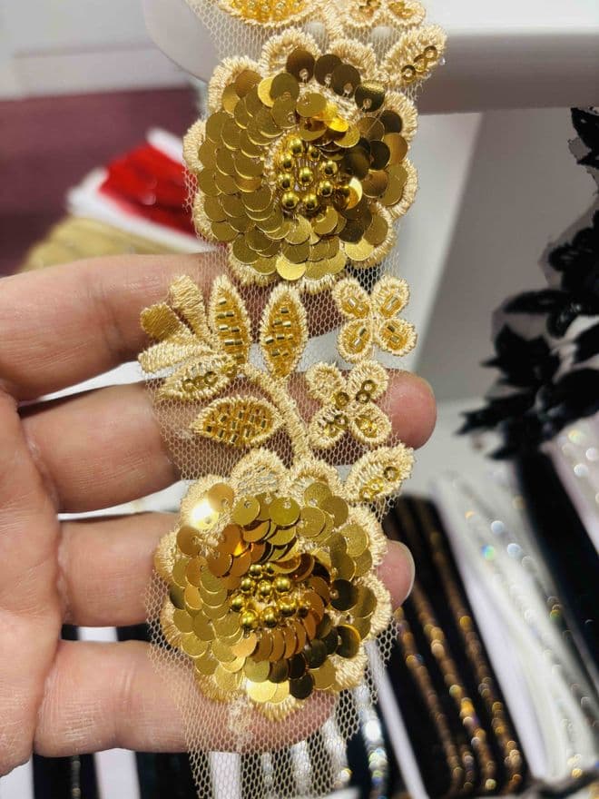 EIMASS® Gold Embroidered Beaded Sequins Lace Trim Applique, Width 5.7cm, Length 5 Yards