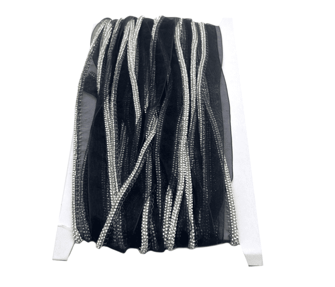 EIMASS® Sew On Clear Crystal Rope on Black Organza Lace Ribbon Trim