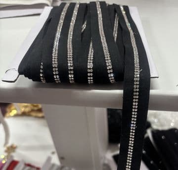 EIMASS® Sew On Double Line Clear Crystals on Black Bridging Lace Trim