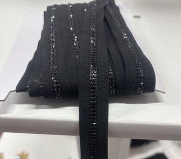 EIMASS® Sew On Double Line Jet Black Crystals on Black Bridging Lace Trim