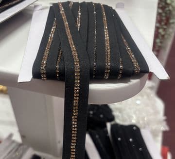 EIMASS® Sew On Double Line Light Gold Crystals on Black Bridging Lace Trim