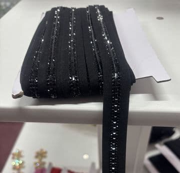 EIMASS® Sew On Multi Line Jet Black Crystals on Black Bridging Lace Trim