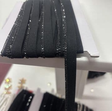 EIMASS® Sew On Single Line Jet Black Crystals on Black Edge Lace Trim