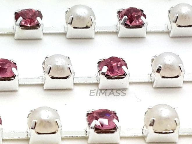 Pearl and Light Pink in Silver Chain, EIMASS® Grade A World Class Rhinestone Cup Chain Trimming