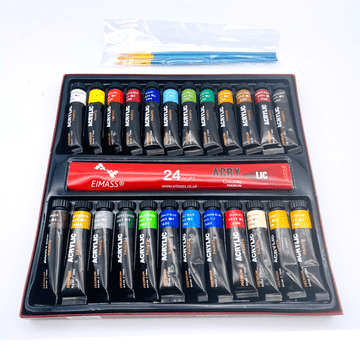 Premium EIMASS® Acrylic Paint Set, 24 Assorted Colours & 3 Paint Brushes, Rich Pigment, Non Fading