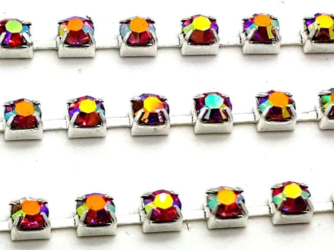 Rose AB in Silver Chain, EIMASS® Grade A World Class Rhinestone Cup Chain Trimming