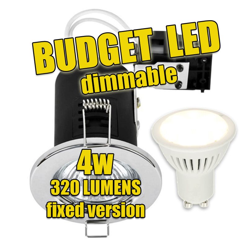 240V BUDGET, Fire-rated Superbright LED downlight, Fixed + 5W LED GU10 bulb (dimmable) 400 lumens