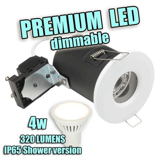 240V prem, Fire-rated LED downlight, IP65 Shower + 5w LED (dimmable) 400 lumens (Double Insulated)