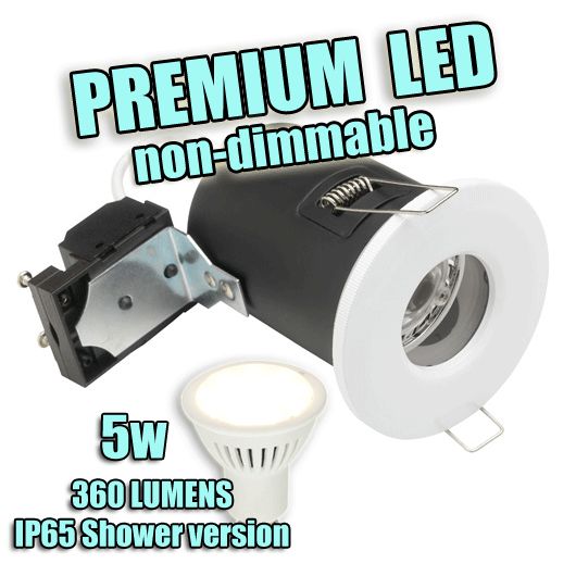 240V PREM Fire-rated LED downlight, IP65 Shower + 5W LED (non-dim) 360 lumens (Double Insulated)