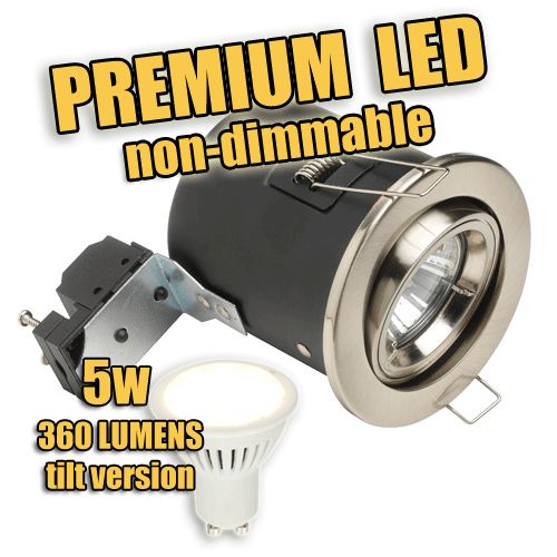 240V PREMIUM, Fire-rated LED downlight, Tilt + 5W LED GU10 (non-dim) 360 lumens (Double Insulated)