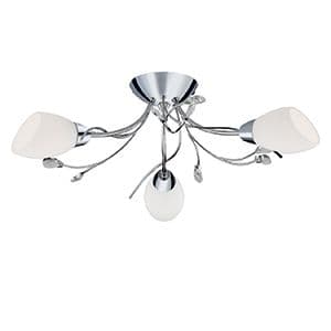 3 Light Chrome Semi-Flush Fitting White Glass Crystal Leaf 1763-3Cc