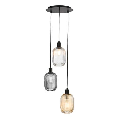 3 Light Cluster Pendant Matt Black and Ribbed Glass