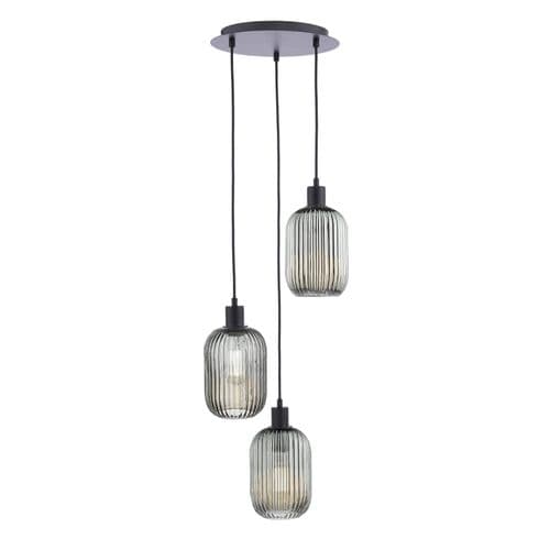 3 Light Cluster Pendant Matt Black and Smoked Ribbed Glass