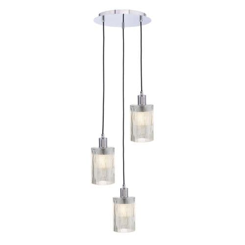 3 Light Cluster Pendant Polished Chrome and Ribbed Glass - Easy Fit Cylinder Ribbed Glass Shade