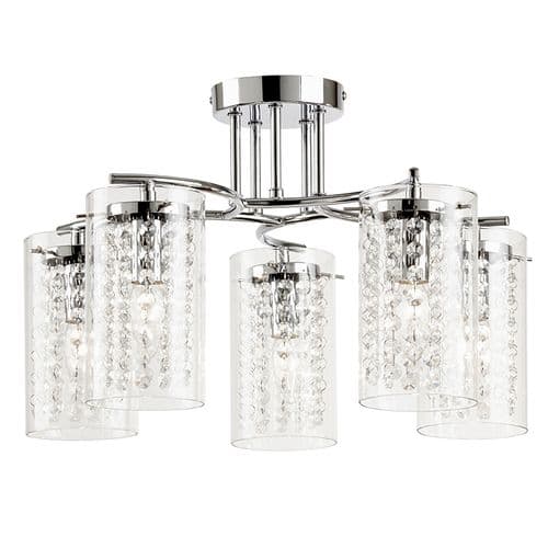 5 LIGHT CEILING FITTING IN CHROME WITH GLASS SHADE & BEADS ALDA-5CH