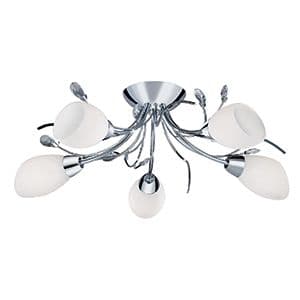 5 Light Chrome Semi-Flush Fitting White Glass Crystal Leaf 1765-5Cc