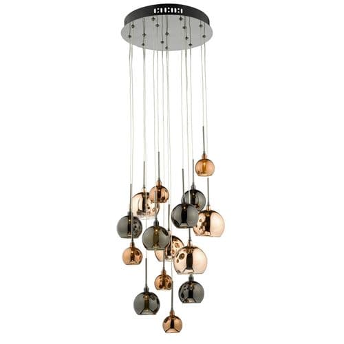 Aurelia 15 Light Cluster Pendant Polished Black Chrome and Copper Glass