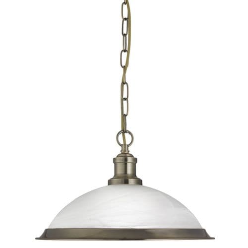 Bistro 1 Light Industrial Pendant Antique Brass, Marble Glass Shade, Antique Brass Trim 1591Ab