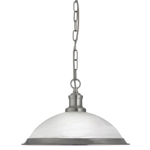 Bistro 1 Light Industrial Pendant Satin Silver, Marble Glass Shade, Satin Silver Trim 1591Ss